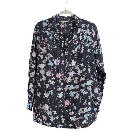 Rebecca Taylor Gray Pastel Floral Silk Blouse 1/2 Snap Popover Size 6 - Picture 1 of 5